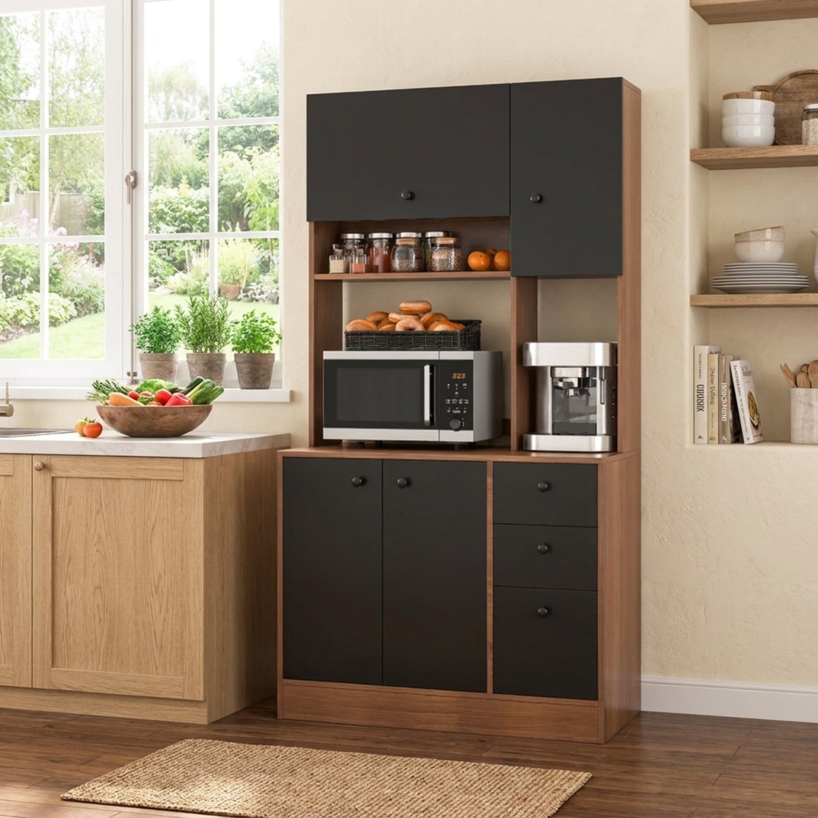 Furnibear Kitchen Pantry Cabinet 71 Inch Tall Freestanding Pantry Storage Cabinet with 3 Storage Cabinets and 3 Deep Drawers for Kitchen and Dining Room, Walnut