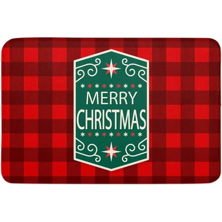 

Merry Christmas Indoor Door Mat Anti-Skid Memory Foam Floor Mat Absorbent Entrance Rug Easy Clean Washable Doormat for Entryway Patio Front Door Stars Red Buffalo Plaid Texture 24x16 Inch