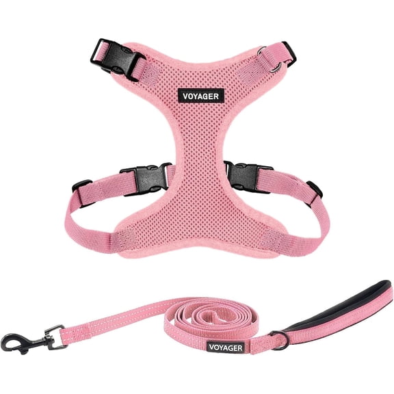 Voyager Step-In Lock Dog Harness & Reflective Leash Set w/ Neoprene Handle 6ft - For Small to Large Breed Dogs/ Cats, Cute & Heavy-Duty for Walking, Running & Training - Pink Pink Trim, M