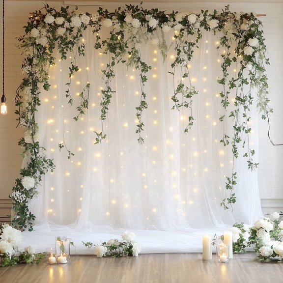 VGMiu Tulle Backdrop Curtain with Lights String 10FT x 8FT White Sheer Backdrop Curtains for Wedding Birthday Party Photo Backdrop (2 Panels 5x8FT)
