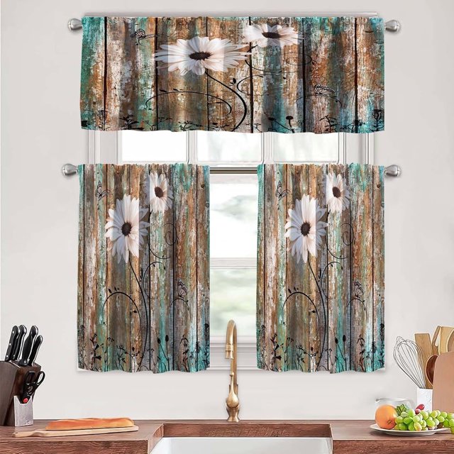 Floral Kitchen Curtains Tiers and Valances Set 3 Piece for Windows Butterfly Kitchen Window Curtains Set,Farmhouse Wooden Texture Valances for Living Room(36" Tiers Set)