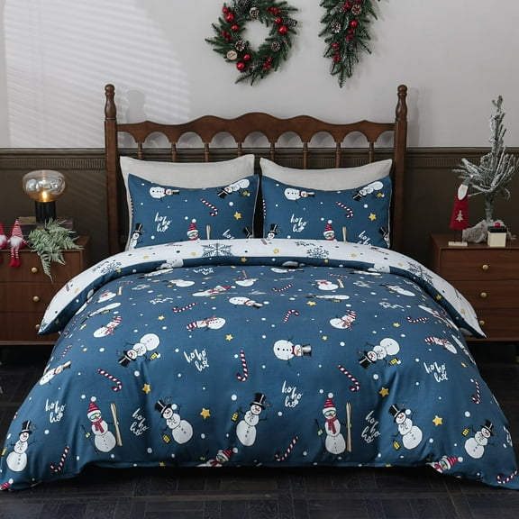 BLEUM CADE Duvet Cover and Pillow Covers Christmas Snowman Duvet 3 Piece Bedroom Set Blue Background and White Snowman Printed