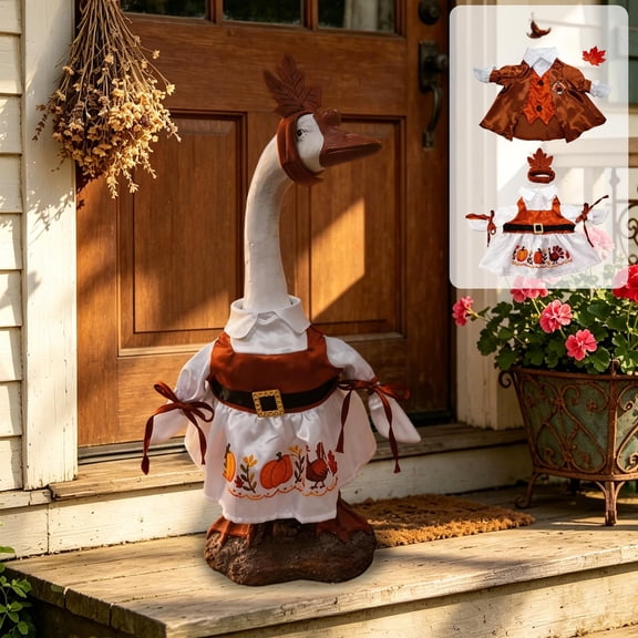 AZXY Thanksgiving Halloween Porch Goose Outfit Set, 23" Pilgrim Dress with Leaf Headband, Fall Goose Outfit for Porch Goose Statue, Cement Plastic Desk Goose Clothes, Outdoor Yard Patio Decorations
