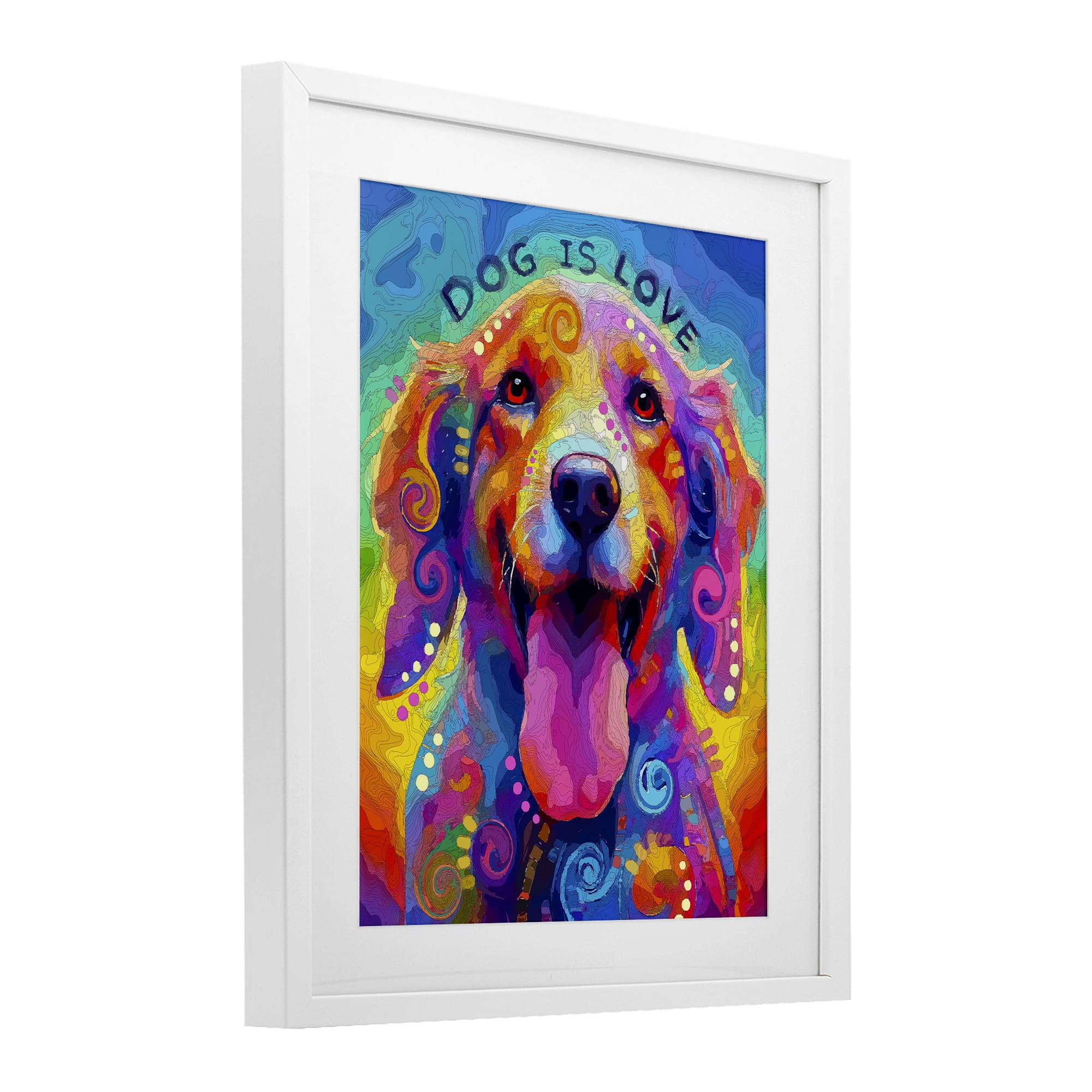 Dog Is Love Swirled Pattern White Framed Print Under Glass, design by Dean Russo- Evolution Collection