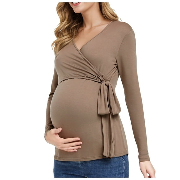 dmqupv Cute Maternity Clothes Maternity Tops Comfortable Soft And Fashionable Maternity Nursing V Neck Long Sleeved Maternity Wear Coffee,Size for 3XL