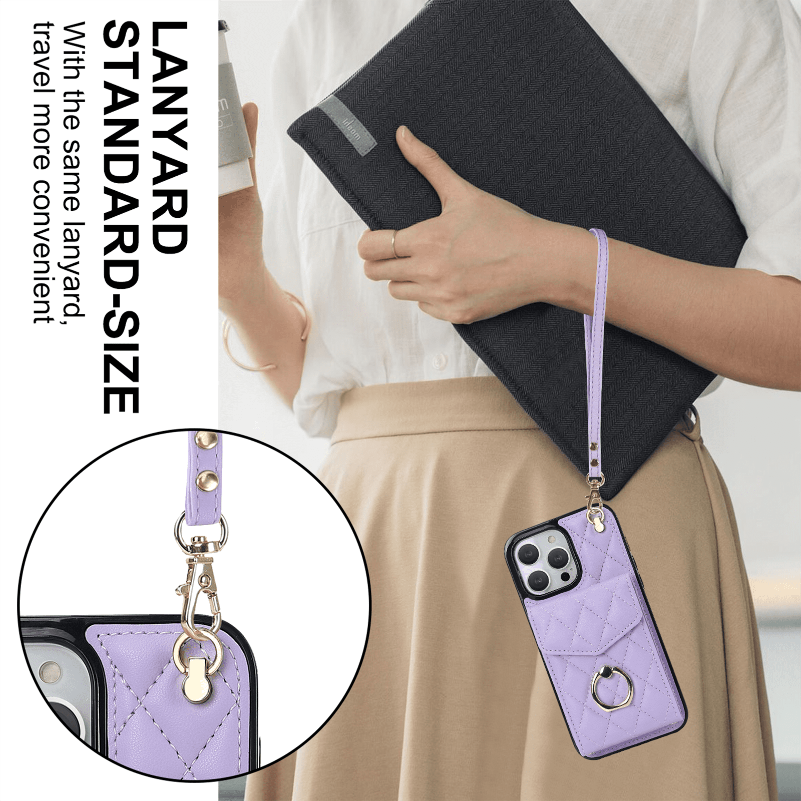 Asuwish Wallet RFID Blocking PU Leather Cell Phone Case with Tempered Glass Screen Protector, Wrist Strap for iPhone 13 Pro Max, Purple