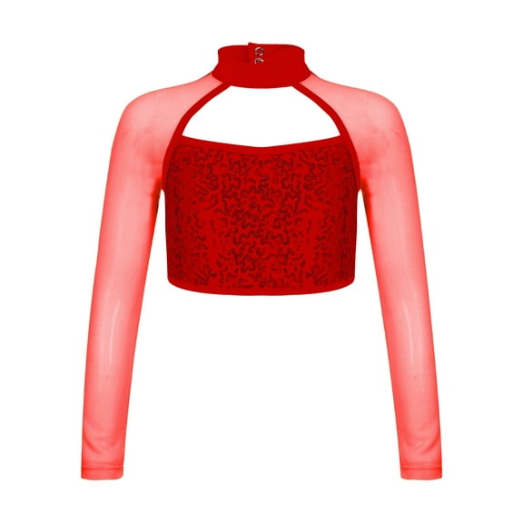 DPOIS Kids Girls Sequin Mock Neck Long Sleeve Gymnastics Dance Crop Top Red 6
