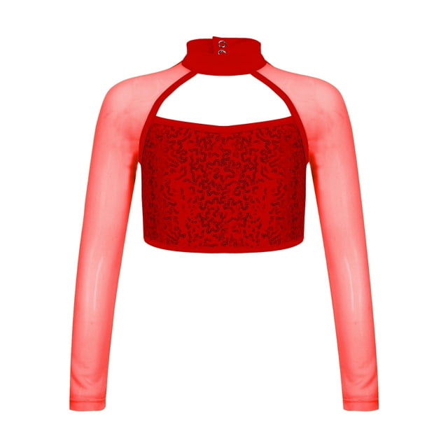 Yanarno Haut Court de Danse à Paillettes pour Enfants Filles Blouse à Manches Longues Ballet Jazz Hip-Hop Tenue de Danse Rouge 6