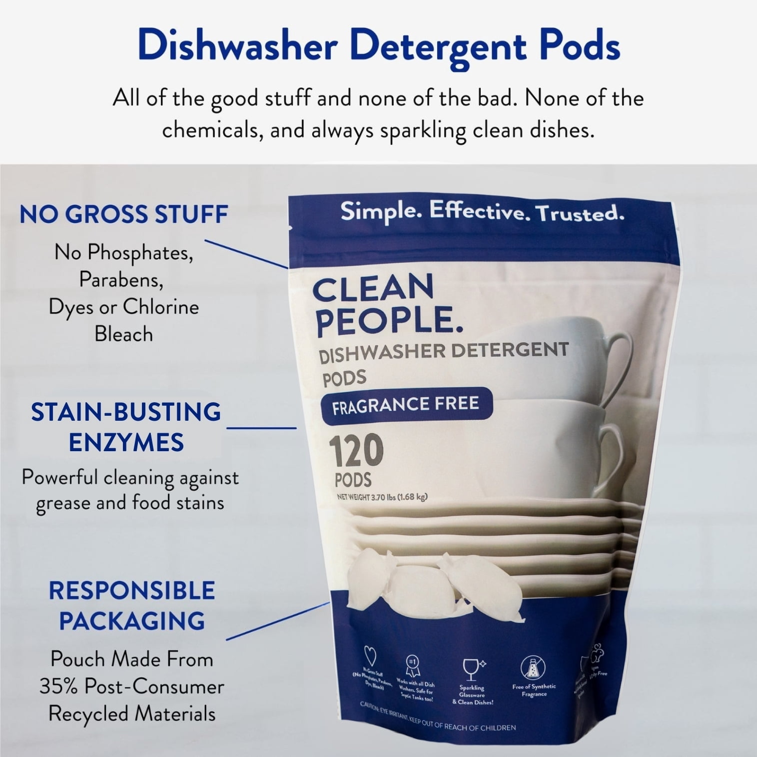Clean People Dishwasher Pods - Cuts Grease & Rinses Sparkling Clean - Residue-Free - Phosphate Free - Fragrance Free, 120 Pack
