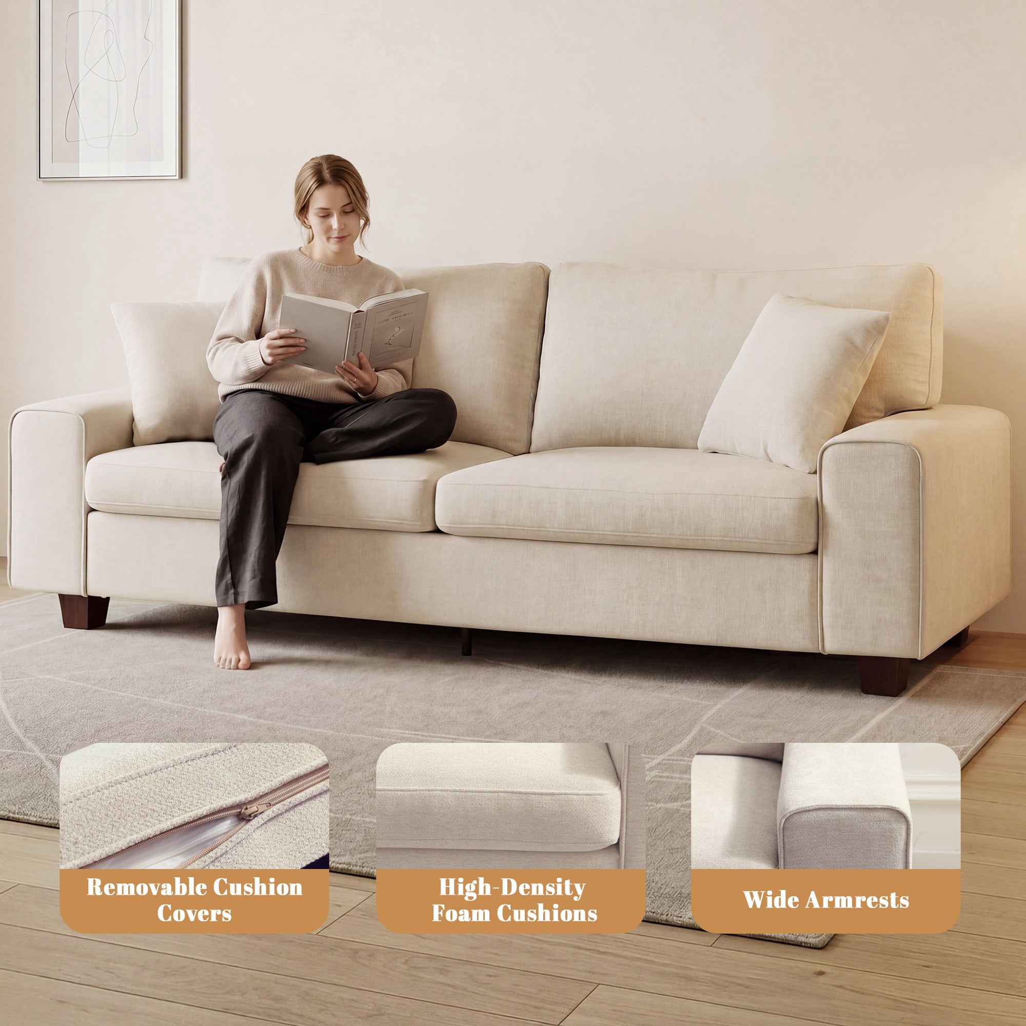 Poshby 88.58''W 3 Seater Sofa Couch with Chenille, Modern Square Arm for Living Room, Beige