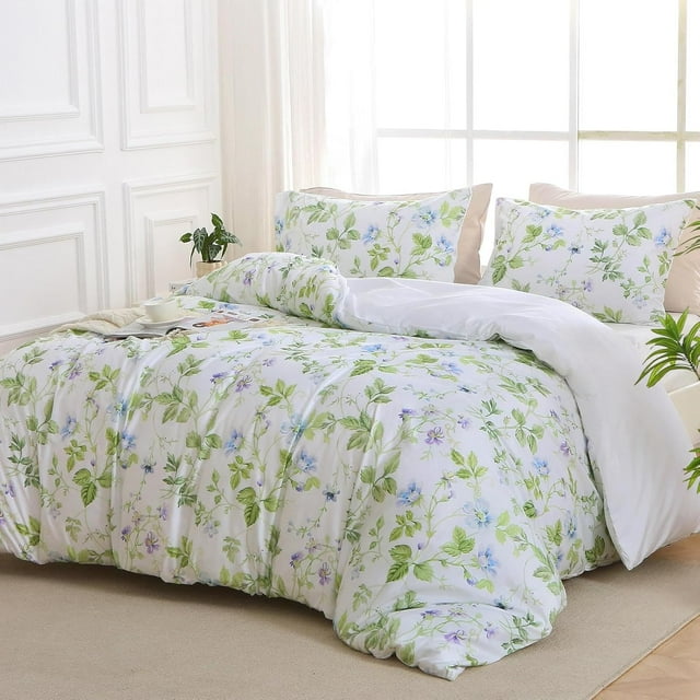 Duvet Cover Queen Size Reversible Floral Duvet Cover Set with Zipper Closure Pieces Botanical Patterns Soft Microfiber Bedding Set (&#;x Pillow Cases &#;×&#