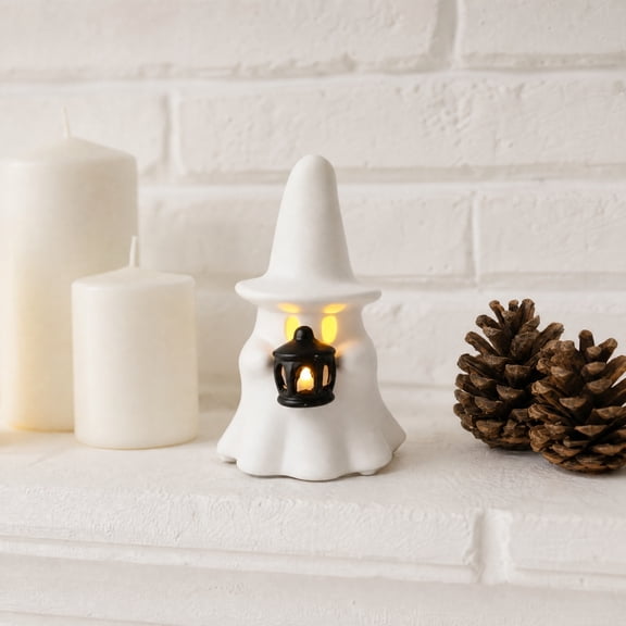 Soft Glowing Ceramic Ghost Decor, LED Halloween Tabletop Figurine, Pumpkin Witch Hat Design, Spooky Fall Accessory for Indoor Festival Display