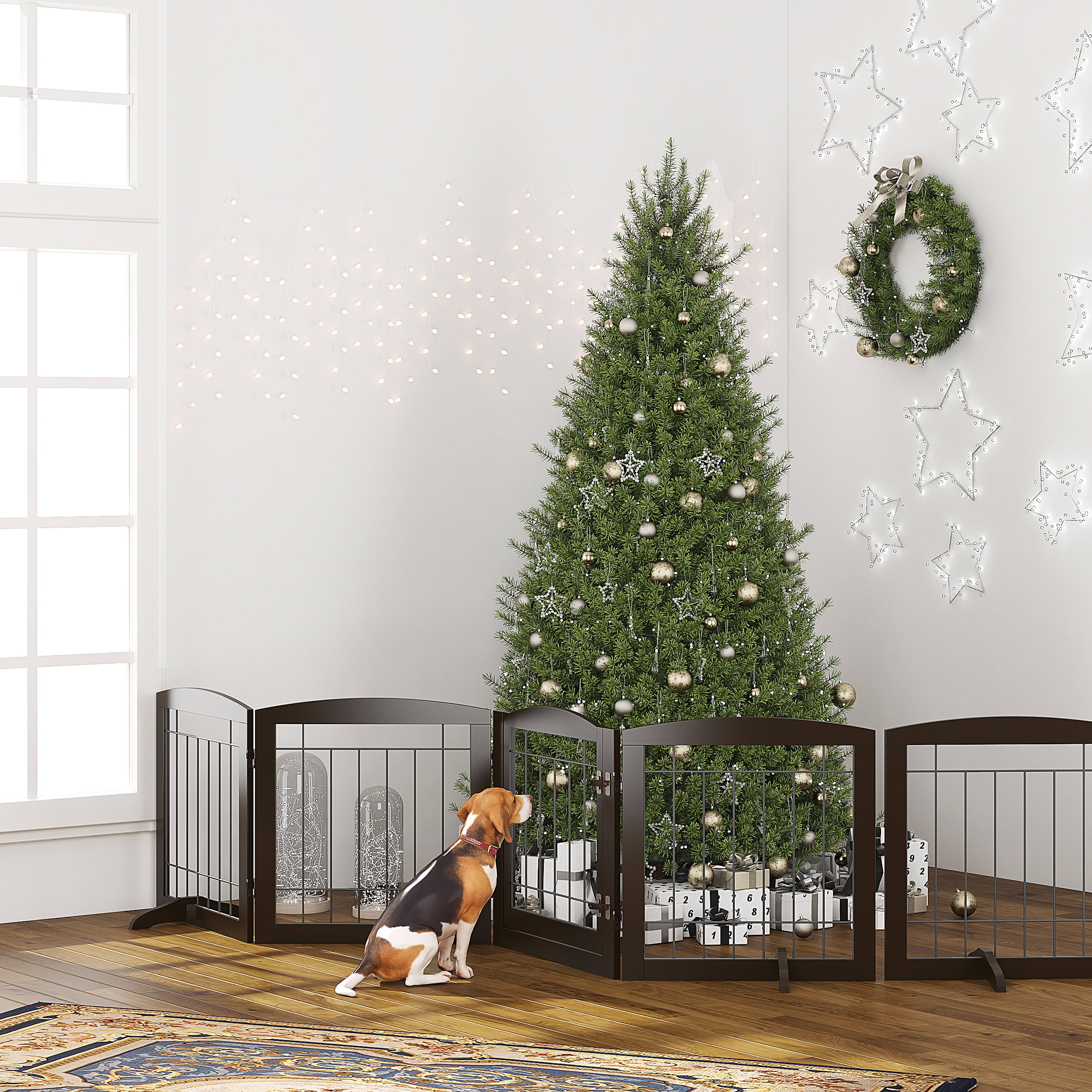 STAROUS Esspresso Freestanding Dog Gate with Walk-Through Door: Secure Indoor Barrier - 80" Wide, 24" Height, 4 Panels