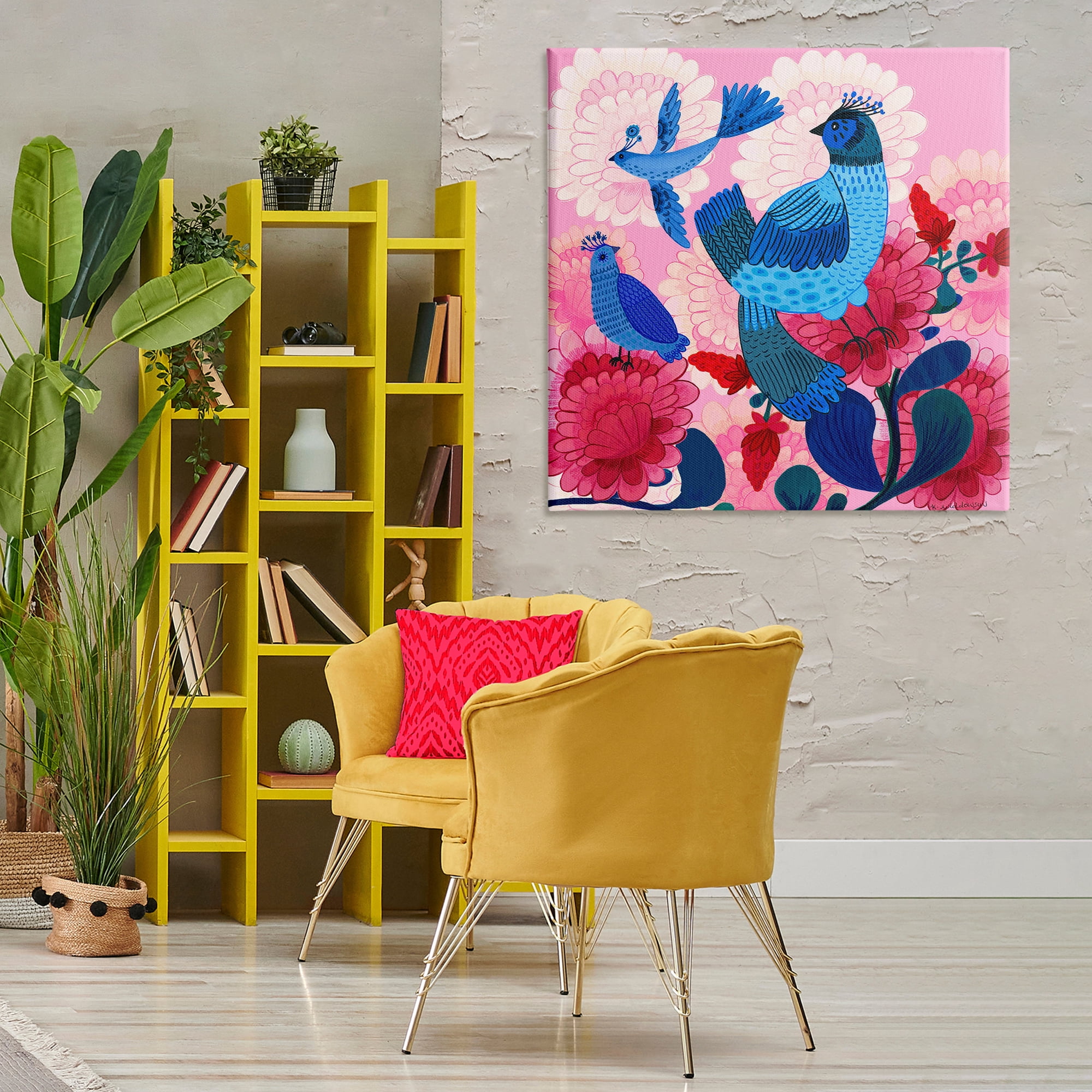 Stupell Industries Folk Birds on Dahlias Animals Painting Wrapped Canvas Canvas Art Print Wall Art, 36 x 36