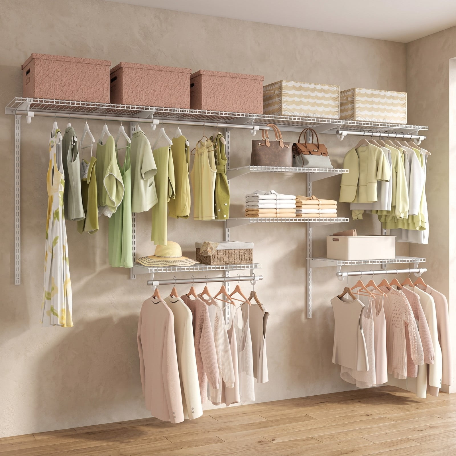 Furnibear 4 to 8 FT Wall Mounted Closet Organizer System with 7 Shelves and 5 Hanging Rods for Bedroom and Laundry Room, White