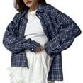 thumbnail image 3 of Womens Button Down Flannel Shirts Long Sleeve Plaid Shackets Business Casual Blouse Top Blue & White Grid L, 3 of 8