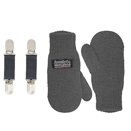 SANREMO Unisex Kids Toddler Knitted Fleece Lined Warm Winter Mittens and Mitten Clips Set (4-7 Years, Grey)