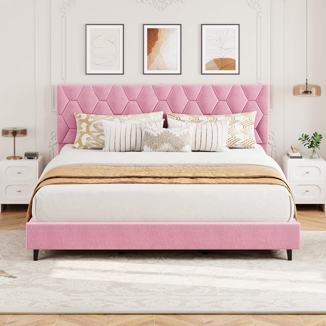 Yeshouse Estructura de cama tapizada con cabecera ajustable, plataforma resistente con soporte de listones de madera resistentes, silenciosa, no requiere somier