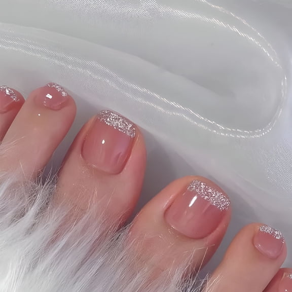 RAGUPEL Pink Press on Toenails Short Square Fake Toenails French Tips Toe Nails with Glitter Glossy Glue on Nails Luxury Design Artificial Toenails Full Cover Acrylic Toenails for Women 24Pcs