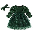 thumbnail image 3 of SUYIDA Girls Velvet Mesh Long Sleeve Dress, Ruffle Bow Sash with Matching Hairband, Elegant Holiday Party Wear for Kids, 3 of 6