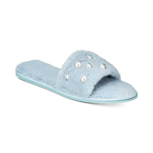 INC International Concepts Women’s Embellished Faux-Fur Slide Slippers, Light Blue, Medium