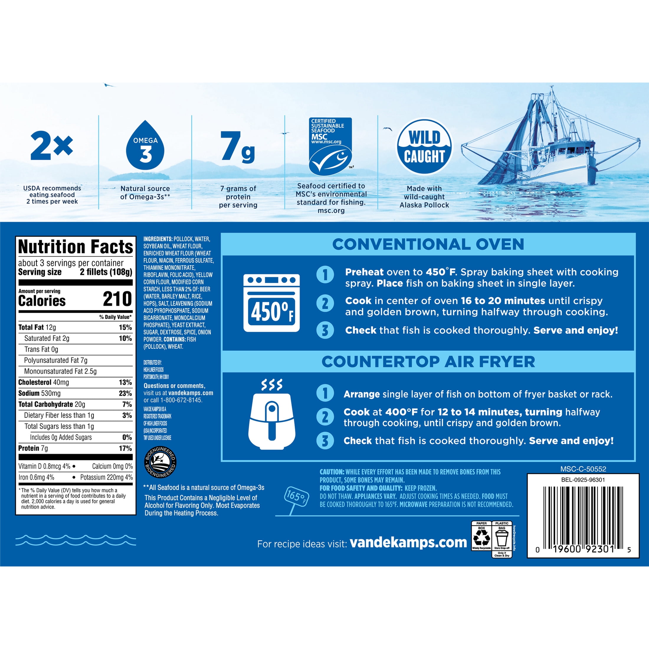 Van de Kamp's Crispy Beer Battered 100% Wild-Caught Fish Fillets, 19.1 oz. 10-Count Box (Frozen)