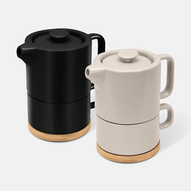 Paquete con 12 piezas de Set de té de cerámica y bambú apilable beige 14.4 x 15 x 9.6