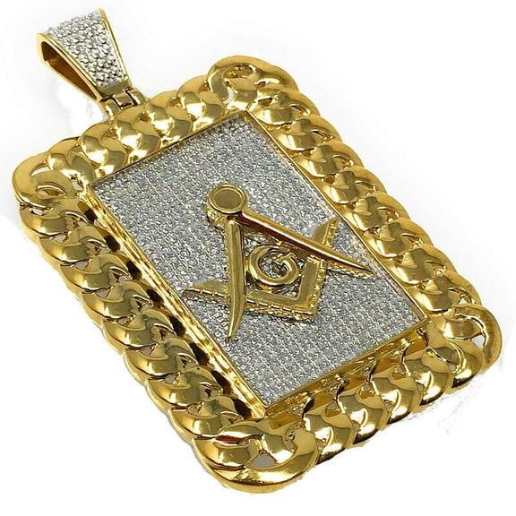 Real Genuine Diamond Freemason Masonic Pendant Miami Cuban 10K Yellow Gold Finish G Compass Charm 2.5''