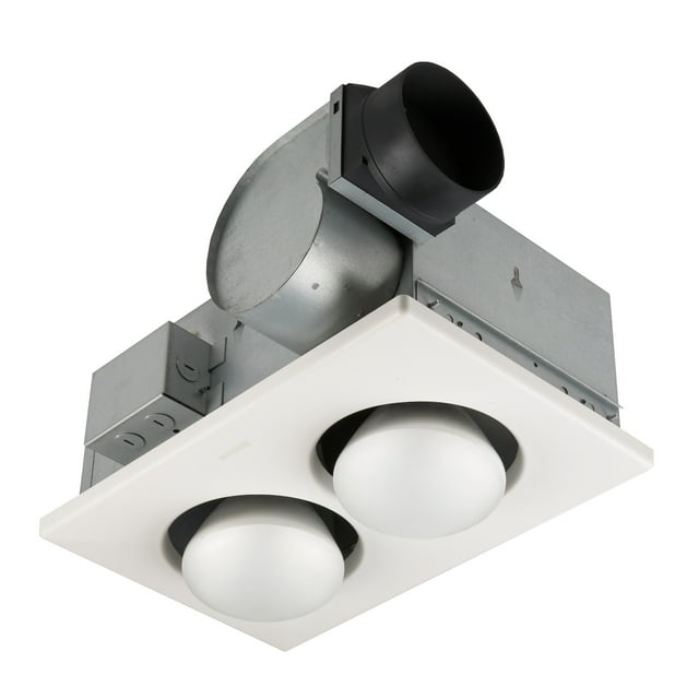Broan-NuTone 164 Type IC Infrared Two-Bulb Ceiling Heater with Fan, 250 Watt, White. The unit features a white grille with two bulb sockets for R40 or BR40 infrared bulbs (not included) and a built-in ventilation fan operating at 70 CFM and 3.5 sones. Designed for ceiling installation with sturdy steel housing, adjustable mounting brackets, and a 4-inch round duct connector. Ideal for providing energy-efficient heating and ventilation in bathrooms.