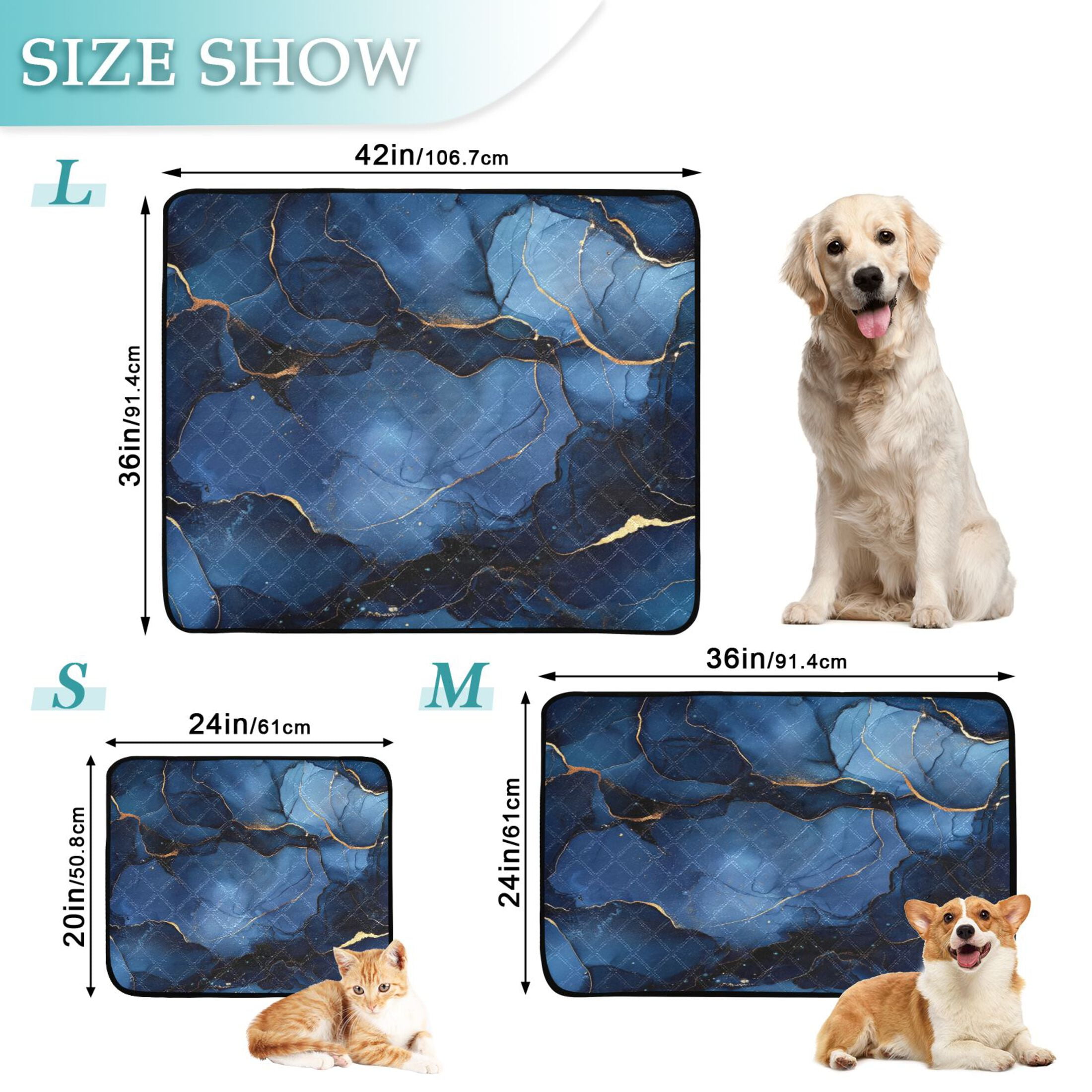 Qxltty Navy Blue Gilt Marble Cat litter Pads Pet Set of 2 Diaper Mats Center Anti-leakage Layer Absorbent Soft and Comfortable