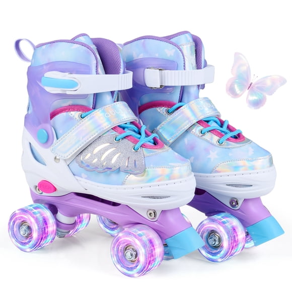Babyjoy Kids Roller Skates 4 Sizes Adjustable Quad Skates with Light-up Wheels for Ages 7-9 Blue