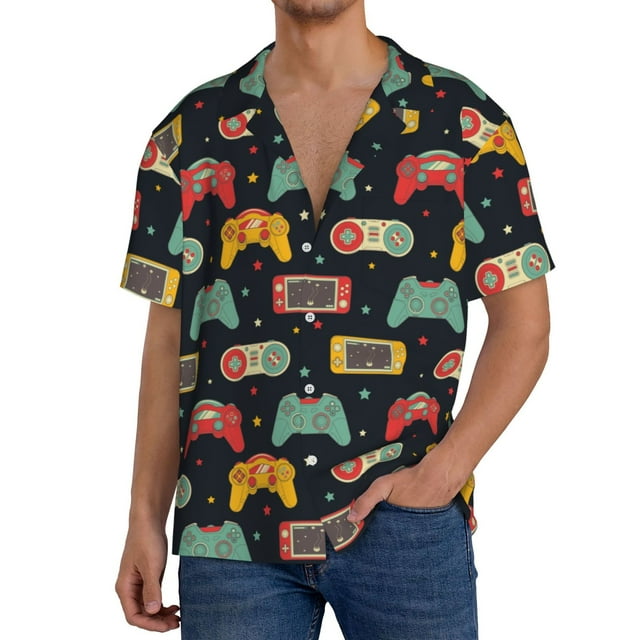 Bingfone Retro Video Game for Men's Cuban Collar Short Sleeve Shirt with Pocket Button Down Cardigan Summer Shirt-X-Large