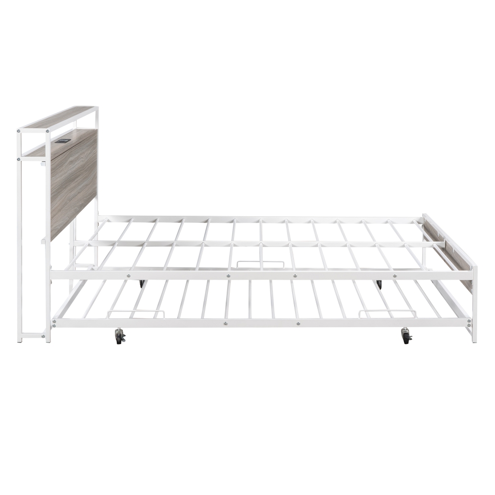 Full Size Platform Bed Frame, Metal Platform Bed with Trundle, USB Ports and Slat Support,  Trundle Bed Frame with Shelf Headboard, No Box Spring Needed, White