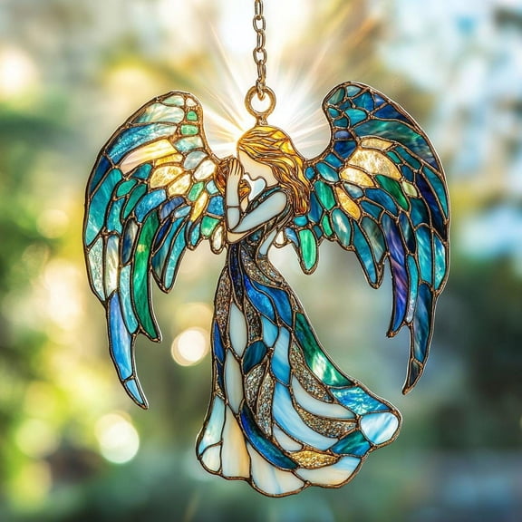Angel Suncatcher Ornament, Whimsical Angel with Cross Acrylic Window Hanging, Holiday Decor & Religious Gift Mother's Day Gift