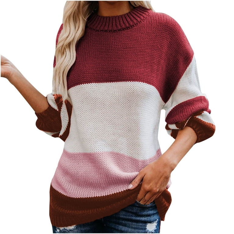 Womens Crew Neck Pullover Color Block Patchwork Knit Long Sleeve Sweaters Chunky Jumper Tops