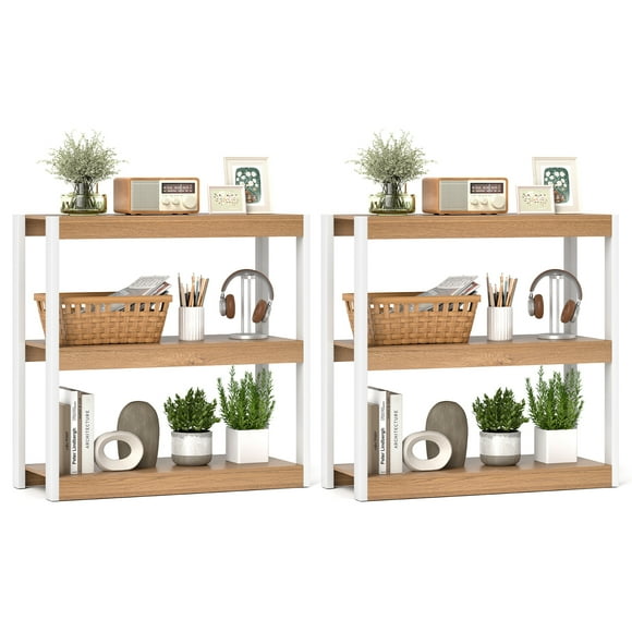 Gymax 2 PCS 3 Tier Bookshelf Wooden Bookcase w/ Dual Anti-Tipping Kits Open Shelving Unit Natural & White