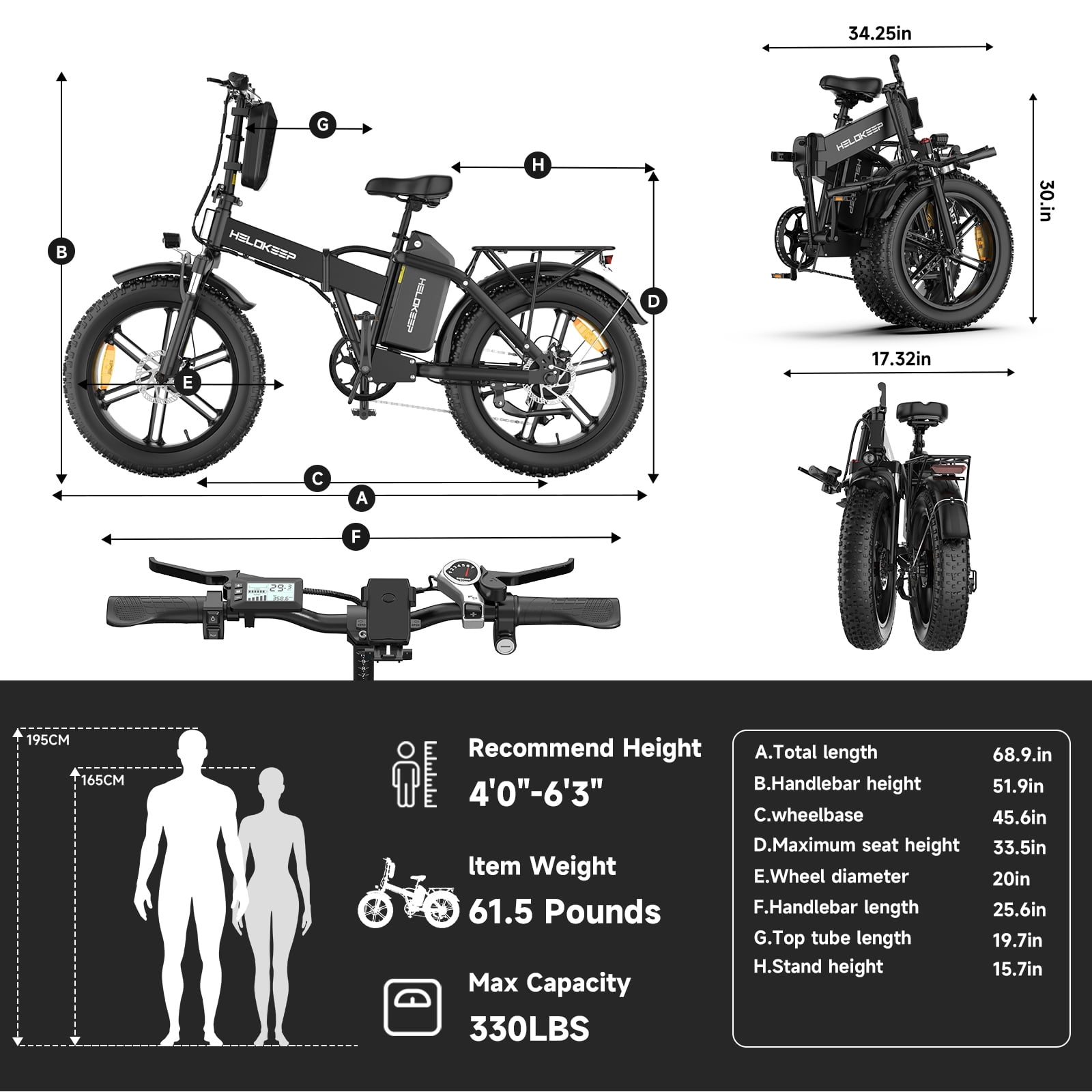 Helokeep CM20-G 20x4 Fat Tire Folding Electric Mountain Bike, Unisex Design, Disc Brakes, 750W/1500W, 48V 25Ah, 7-Speed, UL 2849 Certified, White