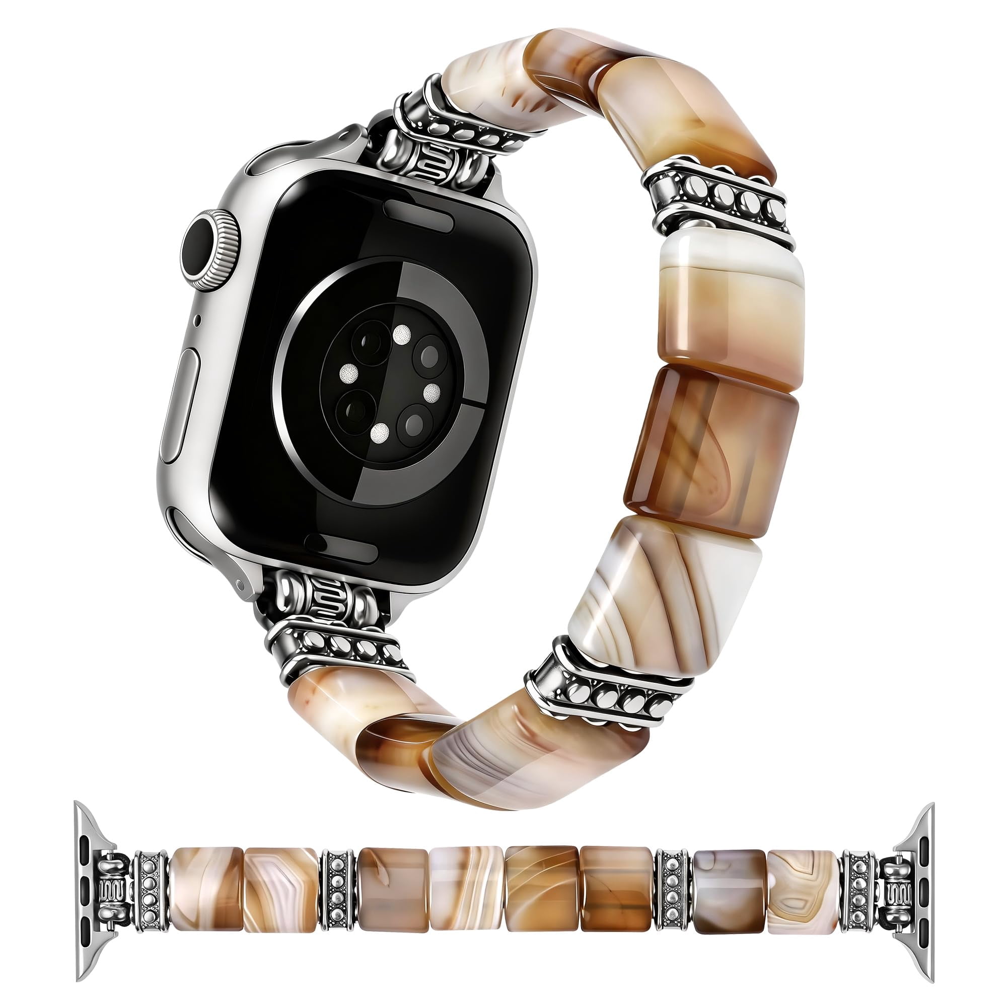 Wearlizer Beaded Agate Band Compatible with Apple Watch 38/40/41/42/44/45/46/49mm, Handmade Natural Stone Stretch Bracelet for Women, Boho Strap for iWatch Series 11/10/9/8/7/6/5/4/SE/Ultra