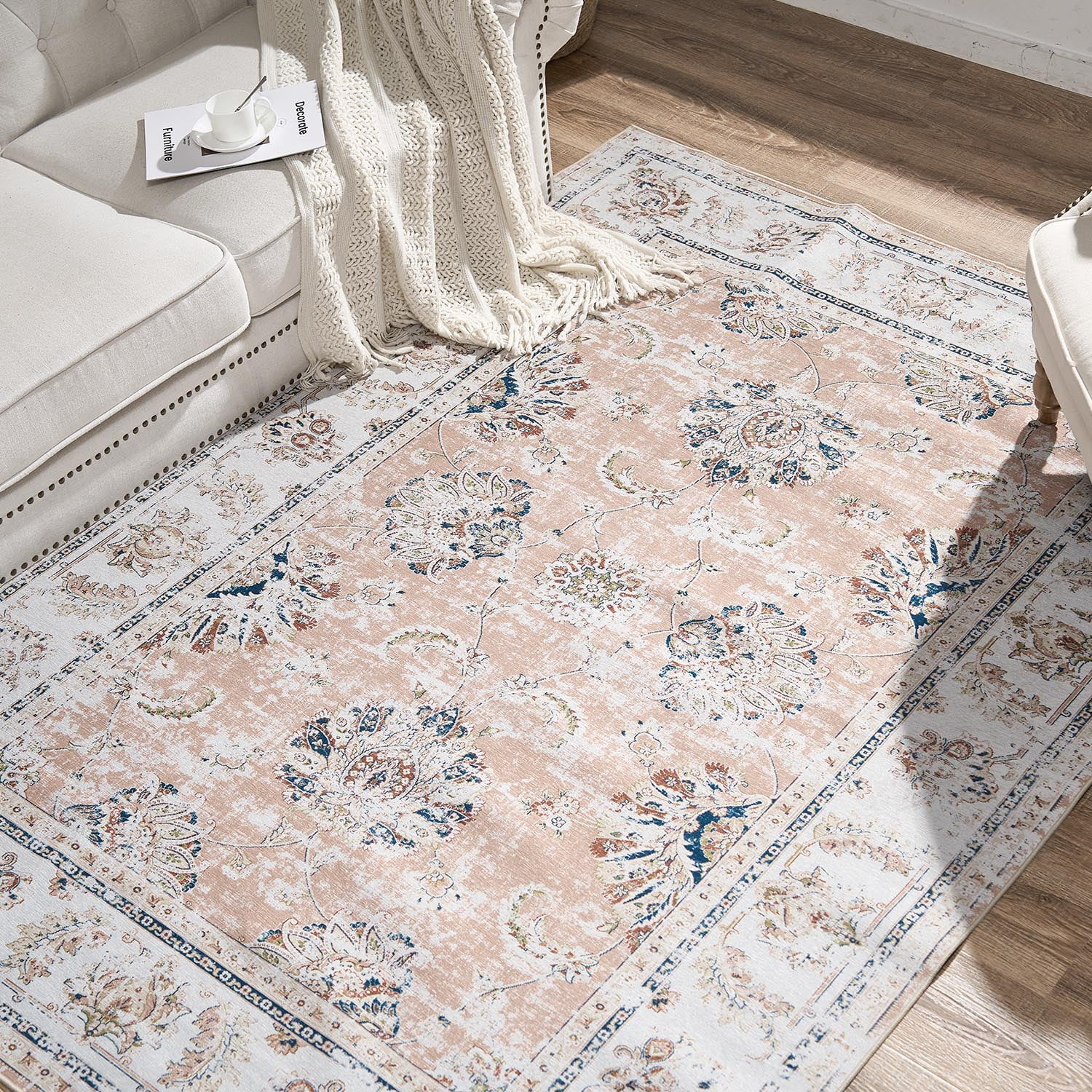 RUGKING Area Rug 5x7 Pink Foldable Oriental Rug Vintage Traditional Carpet Distressed Christmas Rugs for Living Room Bedroom Dining room