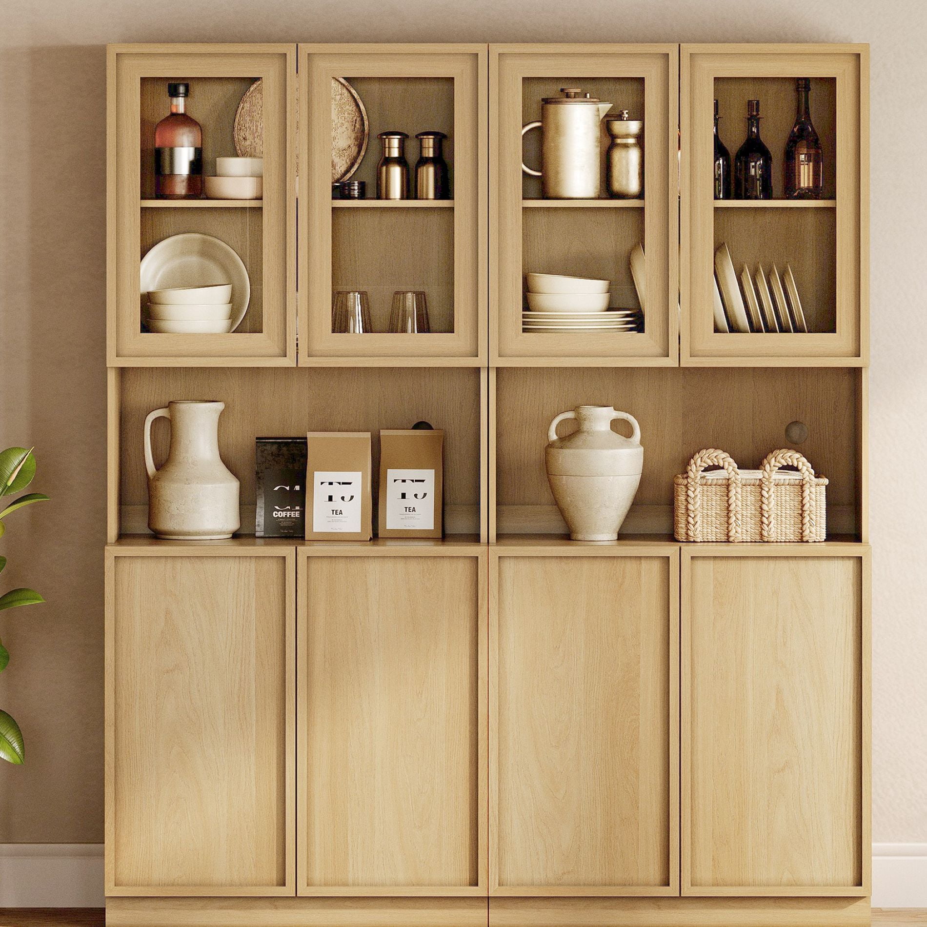 Modern Wood Sideboard Buffet with Glass Doors & Adjustable Shelves, 72" Tall Glass Display Storage Cabinet for Dining Kitchen,Oak