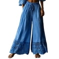 thumbnail image 2 of Womens Lace linen Trim Pants Casual Boho Smocked Elastic Waist Wide Leg Flowy Pull on Daily Vacation Beach Pants,XL, 2 of 5