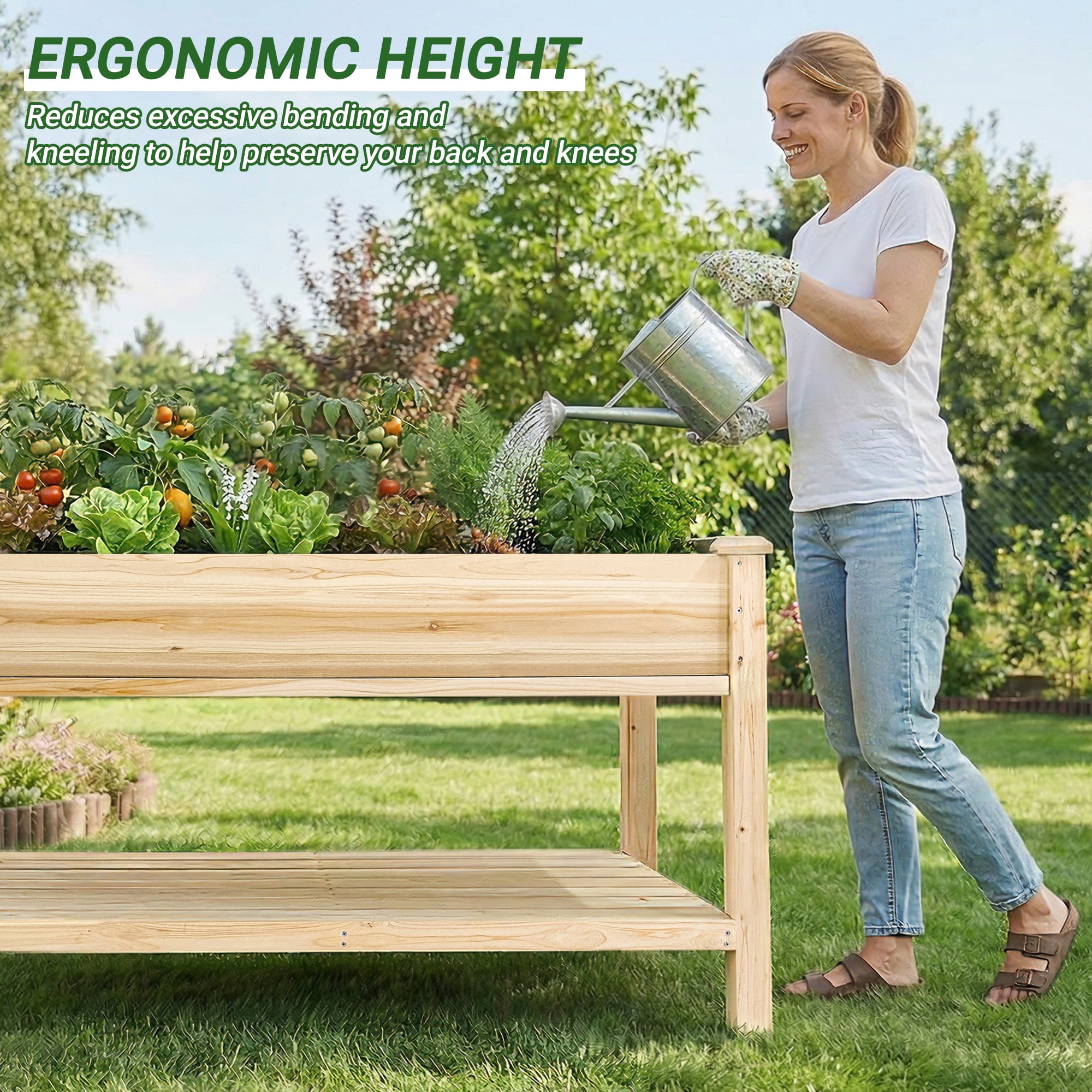 Raised Garden Bed 48x23x31.1 Inch, Elevated Wood Planter with Water Collection Tray & Storage Shelf, Outdoor Garden Box for Vegetables, Herbs, Flowers, Natural