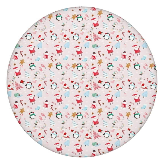 Pink Christmas Santa and Penguin Pattern Round Fitted Tablecloth with Elastic Edge,Dining Table Cover Waterproof,Outdoor Round Tablecloth for Camping,Dining,Indoor and Outdoor