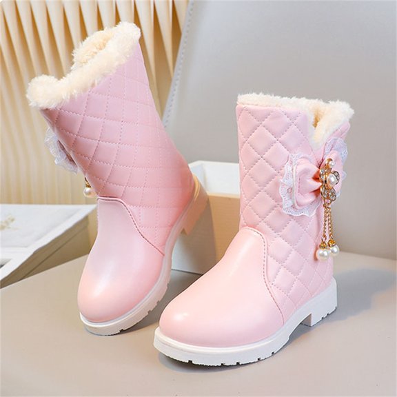 Eltusu Girls Winter Snow Boots, Mid-Calf Non-Slip Warm Fashion Windproof Boots Pink Size 1 Big Kids