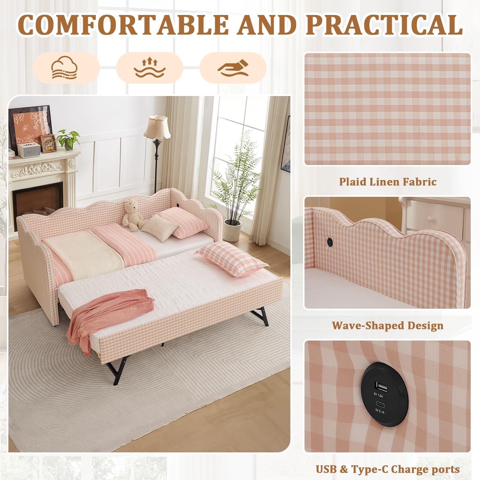 Twin Size Gingham Daybed with Trundle, Wave Shaped Sofa Bed with USB Port, No Box Spring Needed
