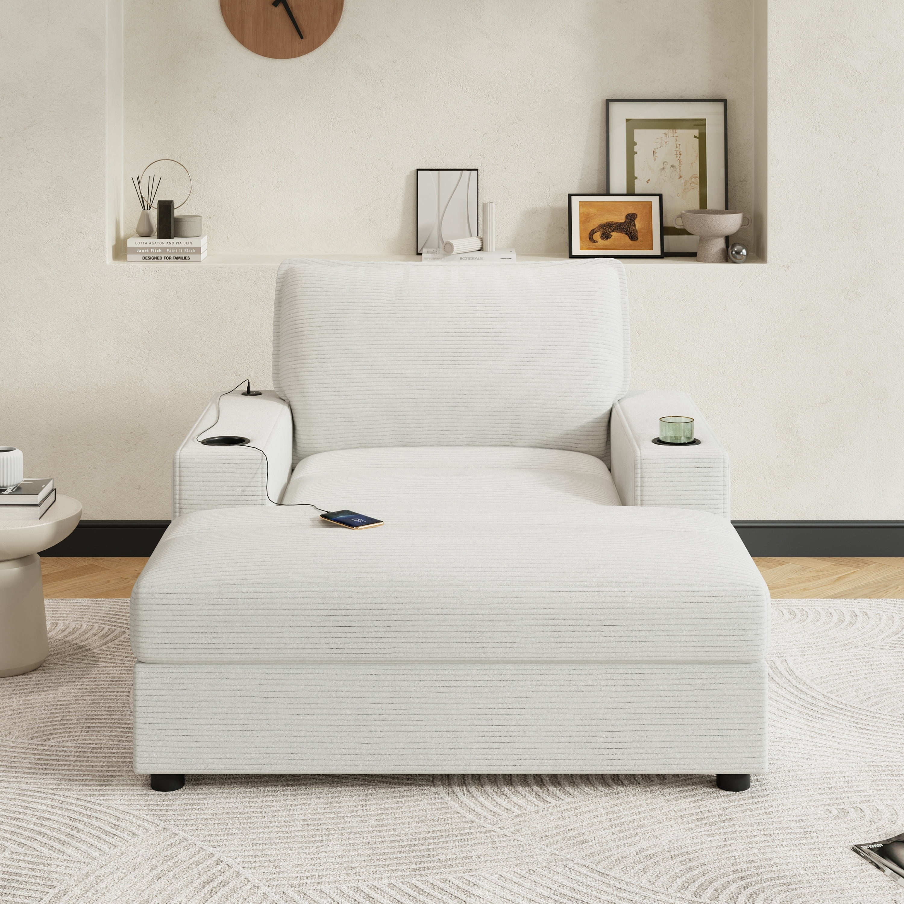 avobird 42.8" Chaise Lounge Chair with Storage Ottoman, Corduroy Sofa Bed with Cup Holders & USB Charging Port, Upholstered Sleeper Chair for Living Room, Beige