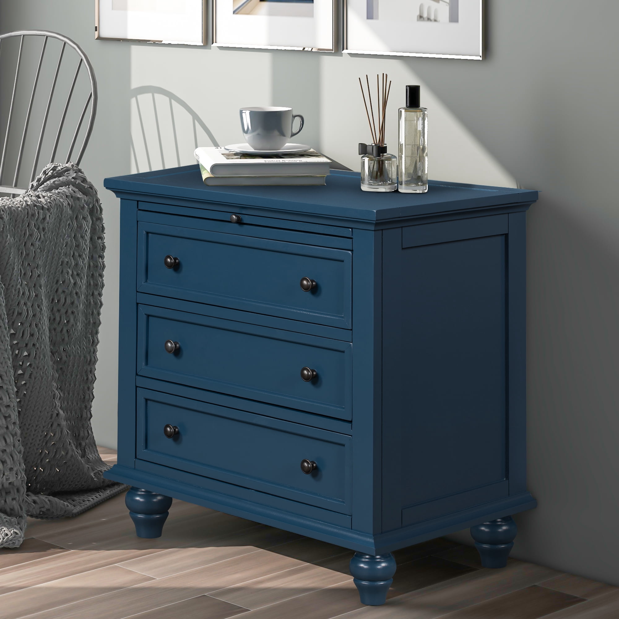 27.6" Nightstand With Pine Wood Veneer, Fashion Bedside Cabinet With 3 Drawers And Pull-Out Tray, Minimalist Sofa Side Table With Rubber Legs And Metal Handle For Bedroom Sofa Couch Office
