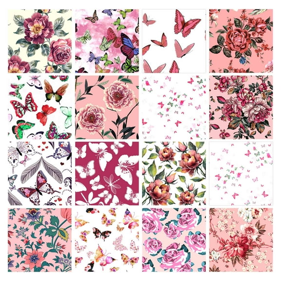 Soimoi 16 Pc Fat Quarter Bundle,Floral & ButterflyPrint 18"x 22"DIY Patchwork-100% CottonPre-Cut Quilting Fabric Pink&White
