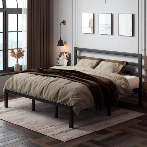 King Size Metal Bed Frame with Headboard for Bedroom, Steel, Black, No Box Spring Needed