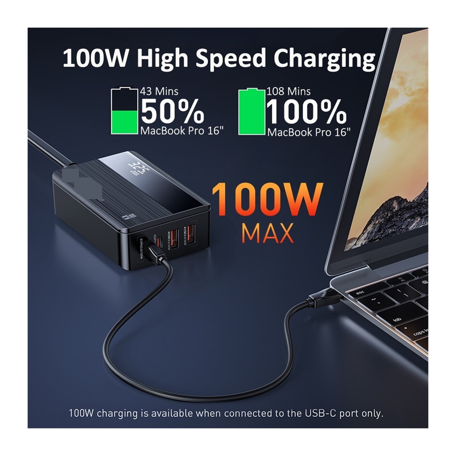 100W Charger PD QC 4+ Fast Charger Cell Phone USB C Charger ,Space-Saving